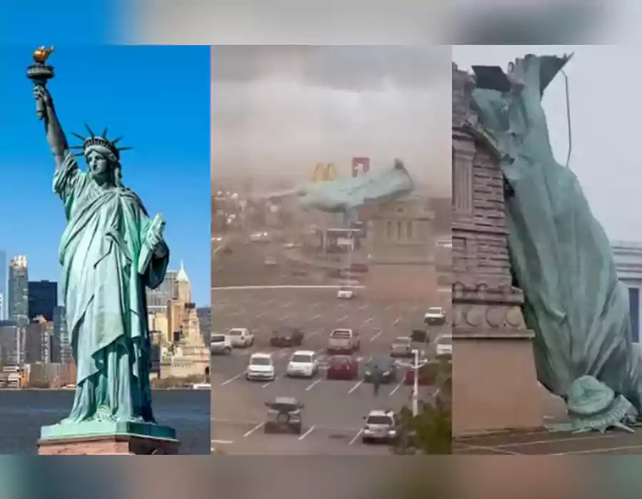 పేక మెడలా కూలీన 79 అడుగుల స్టాట్యూ ఆఫ్ లిబర్టీ విగ్రహం..