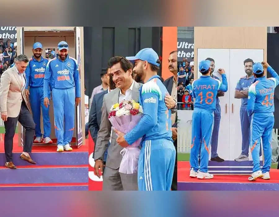 బాక్స్‌లోంచి బయటకొచ్చి నిలువెత్తు ఫొటోపై సంతకం.. భారత దిగ్గజాలకు వినూత్న సత్కారం..!